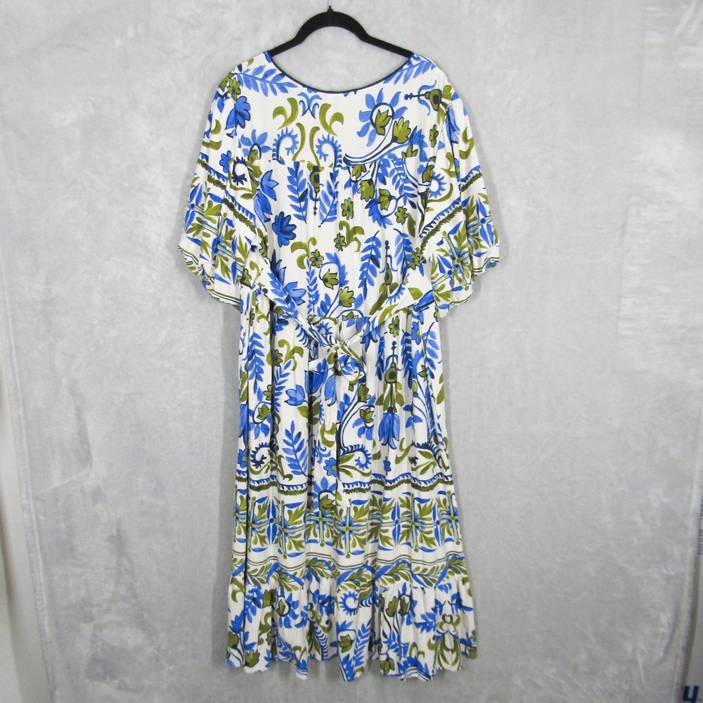 Fig + Flower Womens 2X Blue Green Floral Print V Neck Linen Blend Maxi Dress - Picture 3 of 16